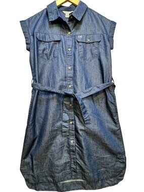 Calvin Klein Juniors Chambray Belted Mini Shirt Dress Short Sleeve Size L Blue
